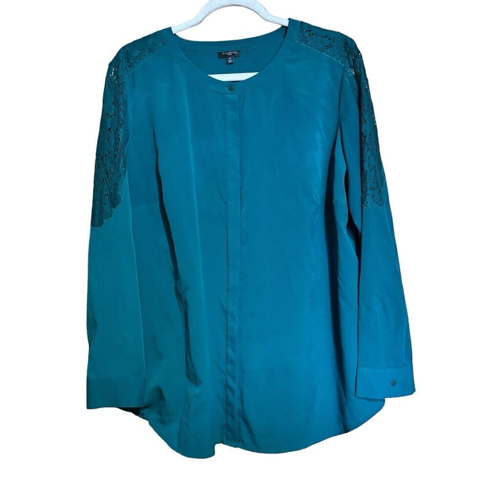 Talbots Top Womens 1X Green Button Down Shirt Lace Inset Long Sleeve Blouse